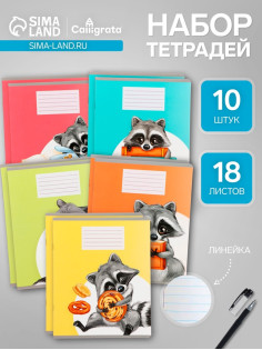 Комплект тетрадей из 10 штук, 18 листов в линию Calligrata «Еноты», обложка мелованный картон, ВД-лак, блок офсет, 5 видов по 2 штуки