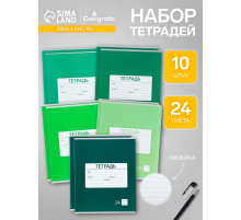 Комплект тетрадей из 10 штук, 24 листа в линию Calligrata «Однотонная Новая Школьная. Эконом», обложка мелованная бумага, ВД-лак, блок №2, белизна 75% (серые листы), 5 видов по 2 штуки