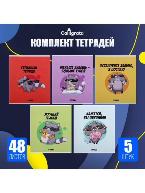 Комплект тетрадей из 5 штук, 48 листов в клетку Calligrata «Дерзкий енот», обложка мелованный картон, блок офсет