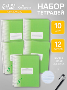 Комплект тетрадей из 10 штук, 12 листов в частую косую линию Calligrata «Пятёрка. Зелёная», обложка мелованный картон, блок офсет