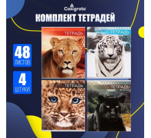 Комплект тетрадей, 48 листов в клетку, Calligrata «Дикие кошки», серые листы, 4 штуки