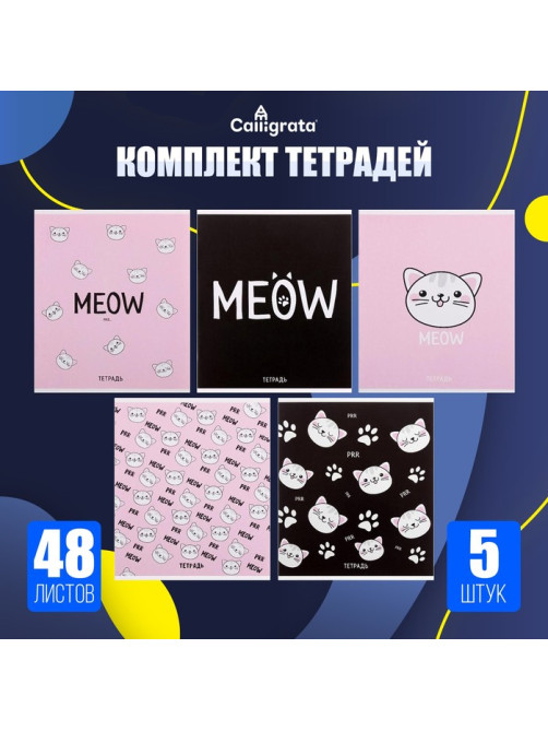 Комплект тетрадей из 5 штук, 48 листов в клетку Calligrata Meow, обложка мелованный картон, блок офсет