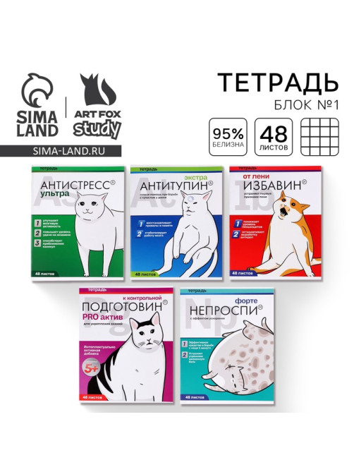 Тетрадь в клетку, 48 л., А5, на скрепке, блок №1 «Котики таблетки» МИКС