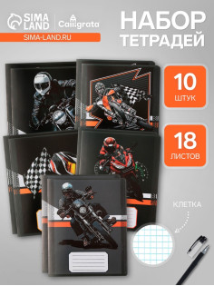 Комплект тетрадей из 10 штук, 18 листов в клетку Calligrata Racing, обложка мелованная бумага, ВД-лак, блок офсет, 5 видов по 2 штуки