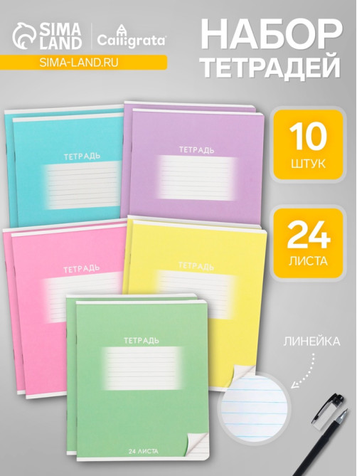 Комплект тетрадей из 10 штук, 24 листа в линию Calligrata «Школьная», обложка мелованный картон, ВД-лак, блок офсет, 5 видов по 2 штуки
