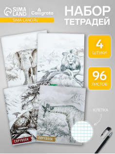 Комплект тетрадей из 4 штук, 96 листов в клетку Calligrata «Африка», обложка мелованный картон, блок №2, белизна 75% (серые листы)