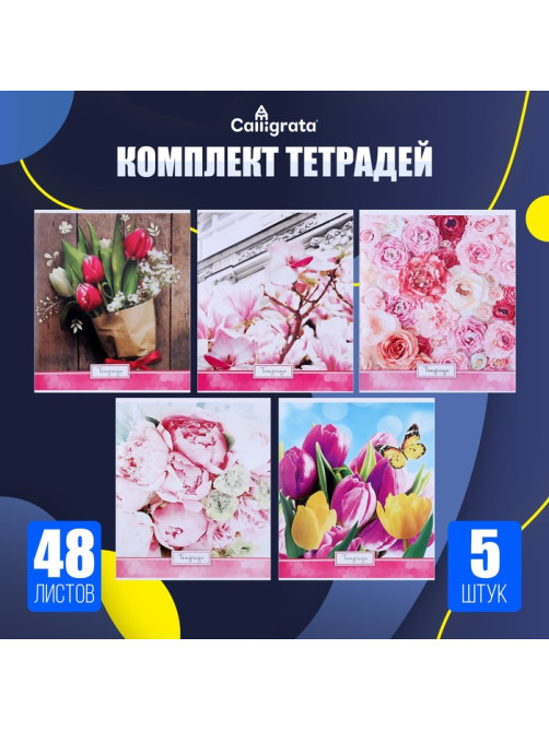 Комплект тетрадей из 5 штук, 48 листов в клетку Calligrata «Яркие цветы», обложка мелованный картон, УФ-лак, блок офсет