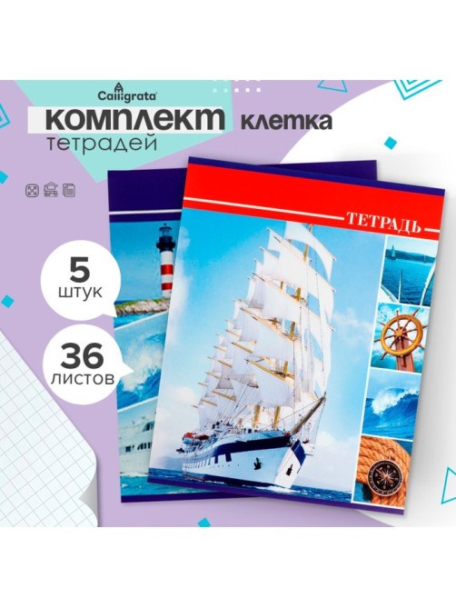 Комплект тетрадей из 5 штук, 36 листов в клетку Calligrata «Яхты», обложка мелованный картон, блок №2, белизна 75% (серые листы)