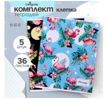 Комплект тетрадей из 5 штук, 36 листов в клетку Calligrata «Фламинго», обложка мелованный картон, блок офсет