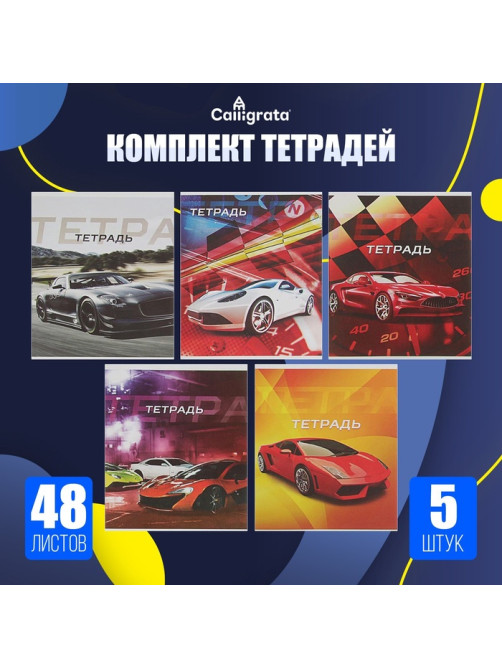 Комплект тетрадей, 48 листов в клетку, Calligrata «Авто», серые листы, 5 штук