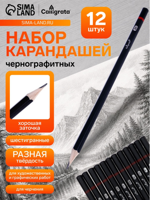 Набор карандашей чернографитных Calligrata, 12 штук, разная твёрдость, шестигранные, деревянные