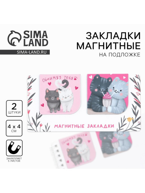Магнитные закладки 2 шт., 4×4 см, на подложке «Котики»