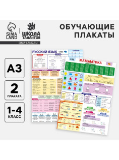 Набор обучающих плакатов «Русский язык и математика 1-4 класс» 2 в 1, А3