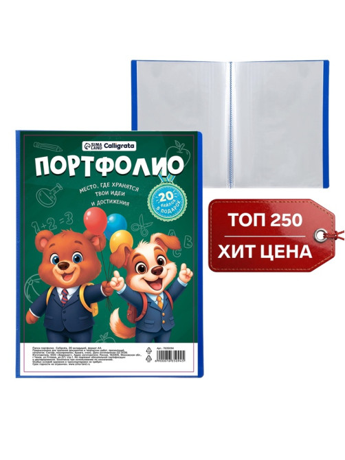 Папка-портфолио пластиковая А4, Calligrata «Снова в школу», 20 файлов, МИКС