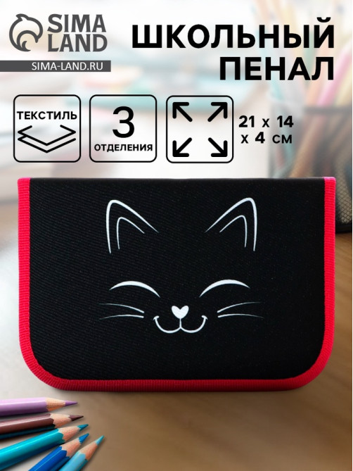 Пенал школьный, 3 секции, 14×21×4 см «Котик»