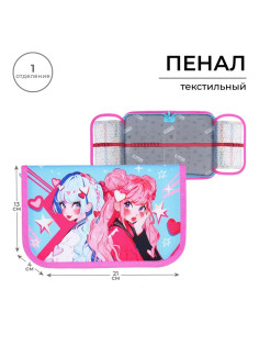 Пенал школьный, 1 секция, 13×21×4 см «Аниме подружки»