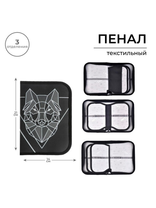 Пенал школьный, 3 секции, 14×21×4 см «Волк графика»