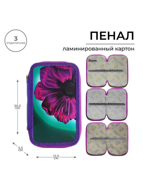 Пенал школьный, 3 секции, 12.5×20.5×5.5 см «Цветок»