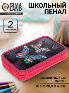 Пенал школьный, 2 секции, 12.5×20.5×4 см «Бабочки»