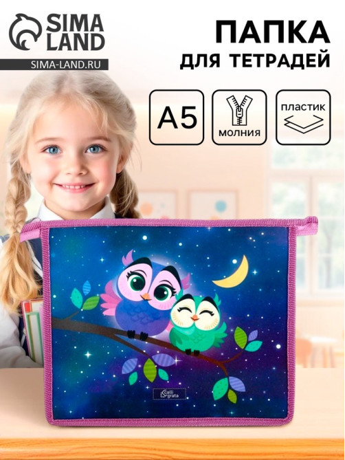 Папка для тетрадей, А5, пластиковая, 19×23×5 см «Совы»