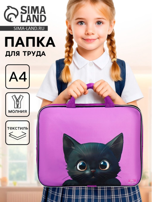 Папка для труда, А4, текстильная, 35×27×7 см «Котик чёрный»
