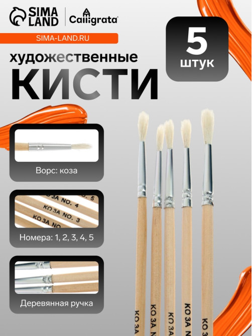 Набор кистей для рисования, коза, 5 штук: № 1, 2, 3, 4, 5, круглые, деревянная ручка, международный размер