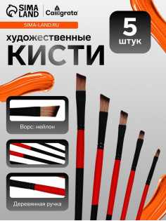 Набор кистей для рисования, нейлон, 5 штук, плоские, скошенные, международный размер