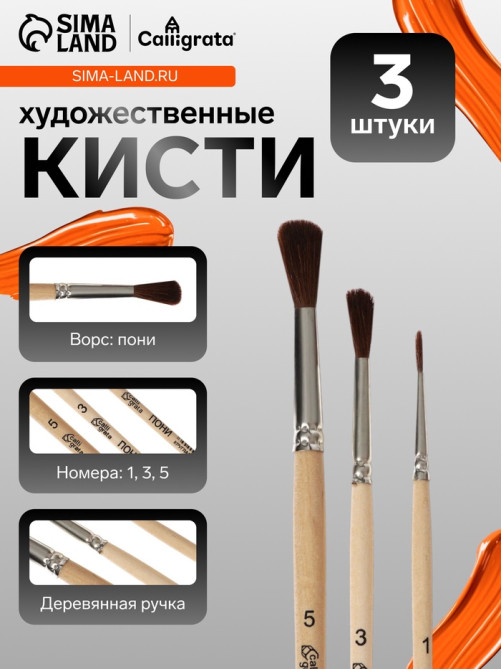 Набор кистей для рисования, пони, 3 штуки: №: 1, 3, 5, Calligrata, круглые, деревянная ручка, в пакете