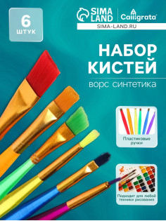 Набор кистей для рисования, синтетика, 6 штук, «Радуга», круглые, плоские