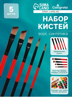 Набор кистей для рисования, нейлон, 5 штук, круглые, плоские, международный размер