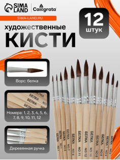 Набор кистей для рисования, белка, 12 штук: № 1, 2, 3, 4, 5, 6, 7, 8, 9, 10, 11, 12, круглые, деревянная ручка, международный размер