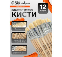 Набор кистей для рисования, щетина, 12 штук: № 1, 2, 3, 4, 5, 6, 7, 8, 9, 10, 11, 12, плоские, деревянная ручка, международный размер