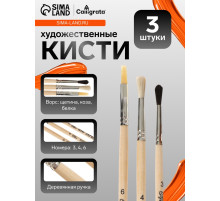 Набор кистей для рисования, белка, коза, щетина, 3 штуки: № 3, № 4 (круглые), № 6 (плоская), Calligrata, круглые, плоская, деревянная ручка, в пакете
