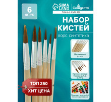 Набор кистей для рисования, нейлон, 6 штук: № 2, 4, 6, 8, 10, 12, круглые, деревянная ручка, международный размер