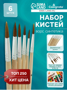 Набор кистей для рисования, нейлон, 6 штук: № 2, 4, 6, 8, 10, 12, круглые, деревянная ручка, международный размер