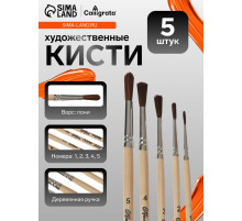 Набор кистей для рисования, пони, 5 штук: № 1, 2, 3, 4, 5, Calligrata, круглые, деревянная ручка, в пакете
