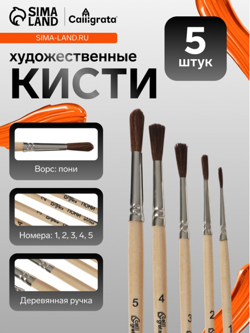 Набор кистей для рисования, пони, 5 штук: № 1, 2, 3, 4, 5, Calligrata, круглые, деревянная ручка, в пакете