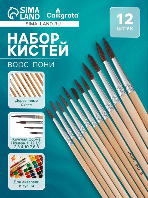 Набор кистей для рисования, пони, 12 штук: № 1, 2, 3, 4, 5, 6, 7, 8, 9, 10, 11, 12, круглые, деревянная ручка, международный размер