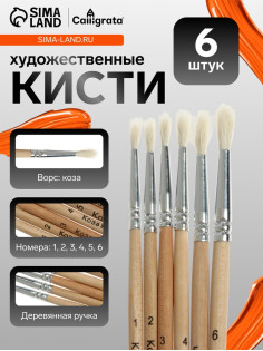 Набор кистей для рисования, коза, 6 штук, № 1, 2, 3, 4, 5, 6, круглые, деревянная ручка, международный размер