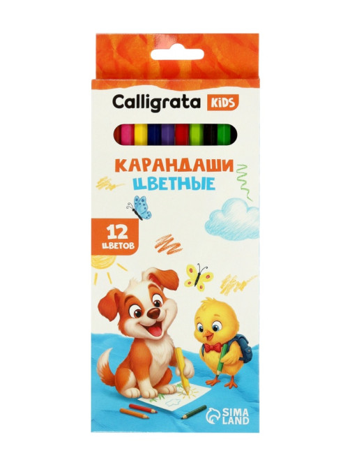 Карандаши Calligrata, цветные 12 цветов, эконом, заточенные, шестигранные, пластиковые