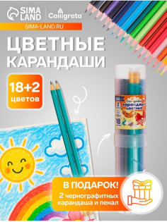 Карандаши Calligrata, цветные, 18 цветов, эконом, шестигранные, пластиковые, пенал-тубус и 2 чернографитных карандаша с ластиком в ПОДАРОК