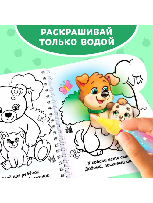 Книжка-раскраска многоразовая «Рисуем водой. Кто чей малыш?», 10 стр.