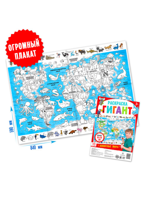 Раскраска - плакат обучающая «Животные мира», 59×84 см