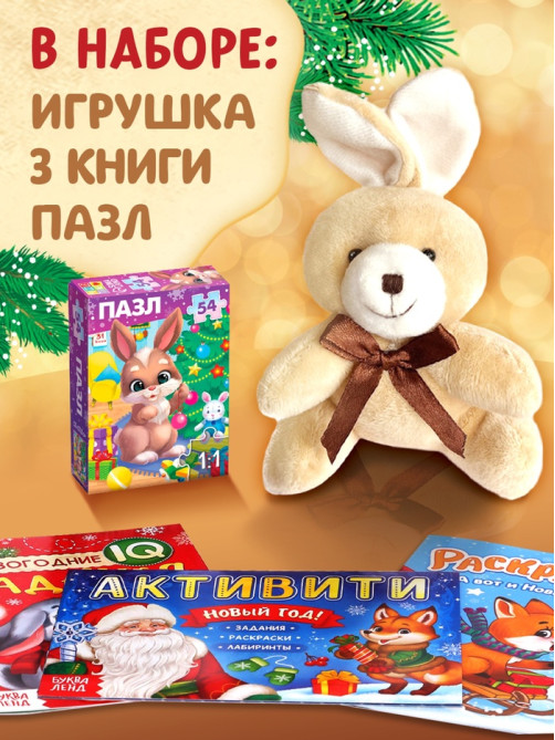 Подарочный набор на новый год «Посылка от Деда Мороза», книги, игрушка и пазл МИКС