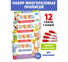 Прописи многоразовые с маркером «Обучающий. Для мальчиков», набор 4 шт. по 12 стр.