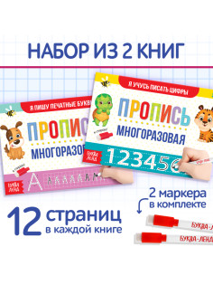 Прописи многоразовые «Напиши и сотри. Пишем буквы и цифры», набор 2 шт. по 12 стр.