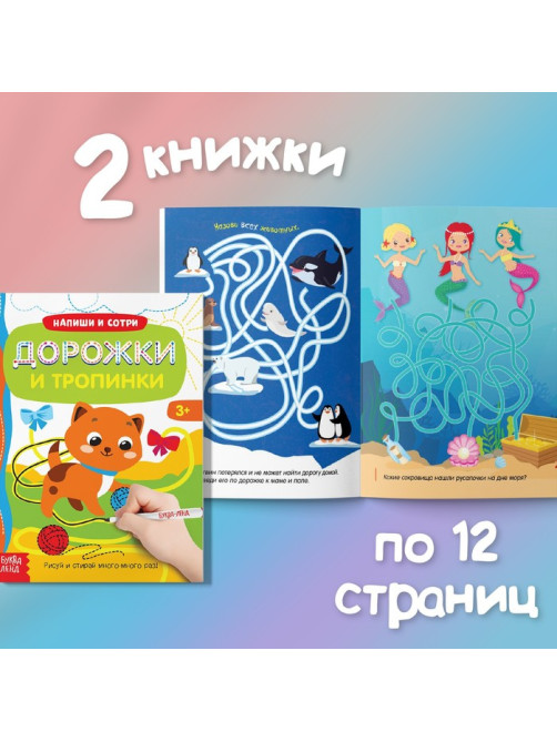 Книги с маркером «Напиши и сотри. Лабиринты и путаницы», набор 2 шт. по 12 стр., многоразовые