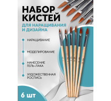 Набор кистей для наращивания и дизайна ногтей, форма лепесток, 6 шт., 19.5 см, коричневый