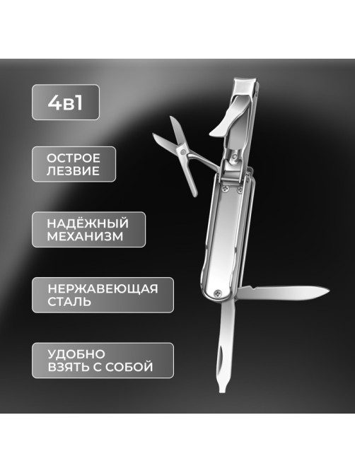 Кусачки-книпсер маникюрные, 4 в 1, многофункциональные, 6 см, цвет серебристый