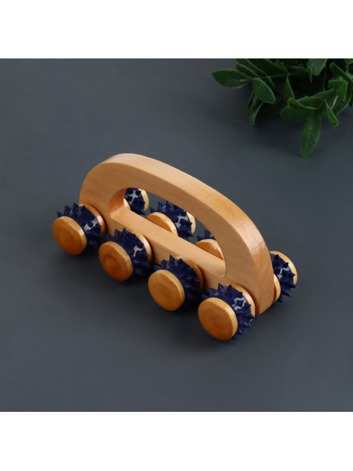 Массажёр с шипами «Гусеница», 15×6.8×6.5 см, универсальный, с ручкой, 8 колёс, деревянный